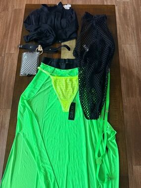 Dolls Kill Neon Green and Black Mesh Maxi Skirt rave festival bundle